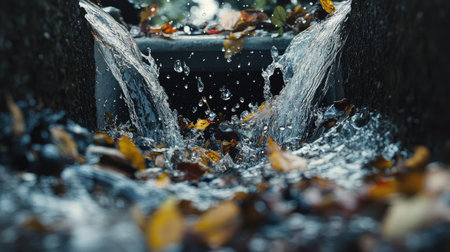 Water spilling from a street drain, leaves and garbage forming a chaotic pattern in the rushing flowの素材