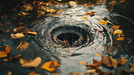 Swirling, muddy water erupting from a clogged drain surrounded by scattered leaves and small branchesの素材