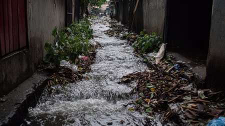 Street drain clogged with leaves, water gushing out forcefully and carrying sticks and litter alongの素材