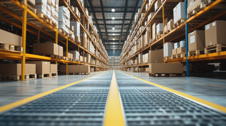 A large, organized warehouse area filled with parcel boxes, conveying the efficiency of online retail operationsの素材