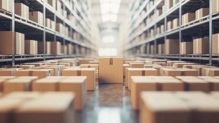 Large warehouse space brimming with parcel boxes, highlighting the efficiency of online shopping fulfillmentの素材