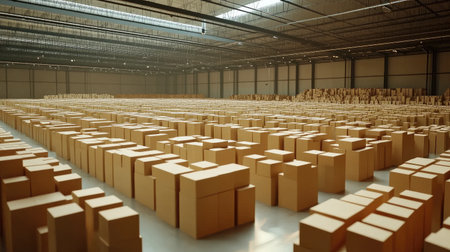 A large warehouse filled with an array of parcel boxes, illustrating the organization behind online shopping logisticsの素材