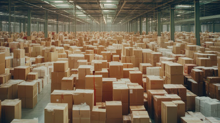 A spacious warehouse packed with stacked parcel boxes, representing the logistics of online shopping without any peopleの素材