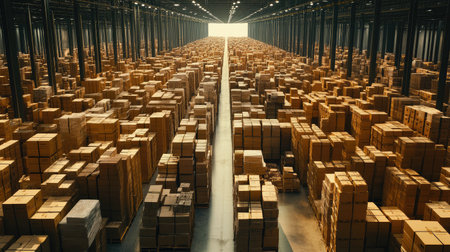 A spacious warehouse packed with stacked parcel boxes, representing the logistics of online shopping without any peopleの素材