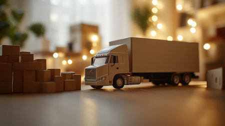 Model truck and assorted cardboard boxes displayed with a soft blur in the background, symbolizing the transportation of goodsの素材