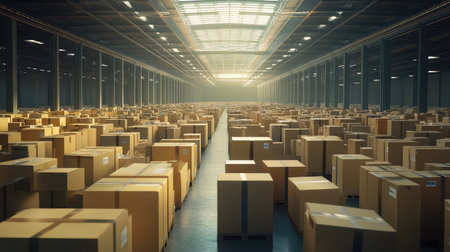 Interior shot of a large warehouse filled with diverse parcel boxes, emphasizing the scale of online shopping logisticsの素材