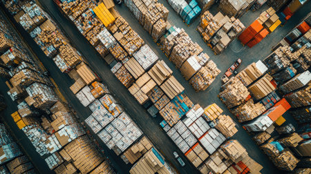 Aerial view of a warehouse filled with neatly arranged parcel boxes, showcasing the logistics behind e-commerceの素材