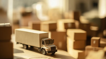 Model delivery truck alongside various sizes of cardboard boxes, blurred background creating a focus on transportationの素材