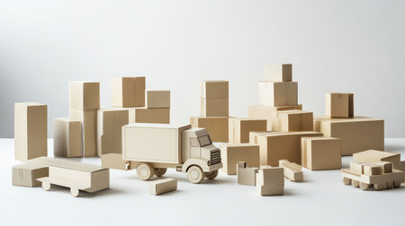 Mini delivery truck and several cardboard boxes grouped together on a white surface, illustrating product distributionの素材