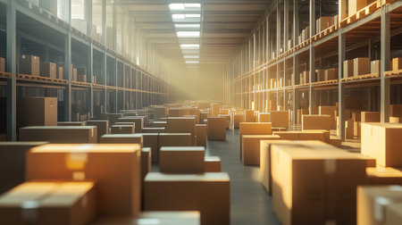 Interior shot of a large warehouse filled with diverse parcel boxes, emphasizing the scale of online shopping logisticsの素材