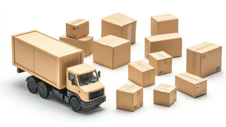 Miniature delivery truck and multiple cardboard boxes of varying sizes arranged on a white background, symbolizing shippingの素材