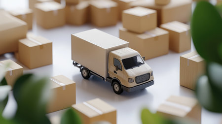 Mini delivery truck and several cardboard boxes grouped together on a white surface, illustrating product distributionの素材