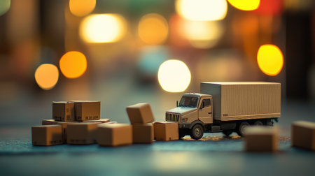 Miniature delivery truck beside a pile of cardboard boxes with a blurred backdrop, illustrating transportation logisticsの素材