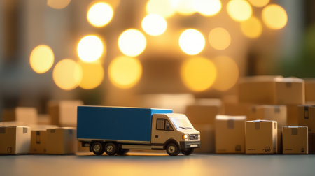 Miniature delivery truck alongside a pile of cardboard boxes with a bokeh effect in the background, illustrating goods logisticsの素材