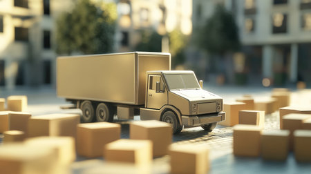 Model of a delivery truck positioned near a cluster of cardboard boxes, set against a blurred background, emphasizing goods distributionの素材