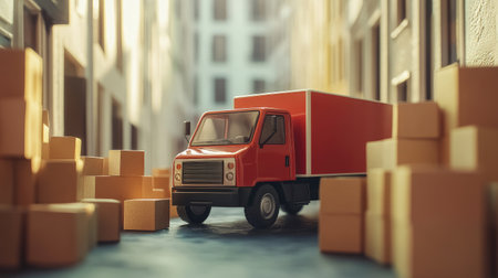 Model delivery truck parked near a collection of cardboard boxes, softly blurred background conveying logistics and distributionの素材