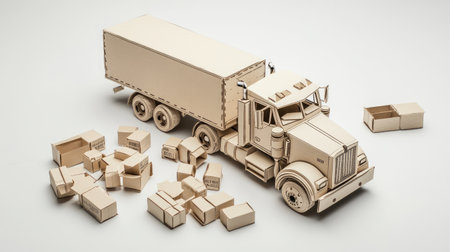 Model truck with cardboard boxes of varying sizes scattered around, isolated on a clean white background, symbolizing shippingの素材