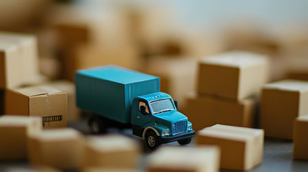 Miniature delivery truck beside a pile of cardboard boxes with a blurred backdrop, illustrating transportation logisticsの素材