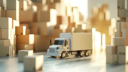 Model delivery truck and cardboard boxes arranged on a background with a gentle blur, conveying transportation logisticsの素材
