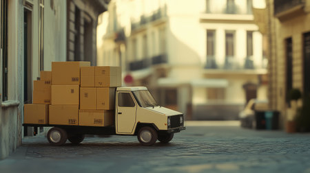 Small delivery truck parked beside a neat stack of boxes, blurred background enhancing the transportation narrativeの素材