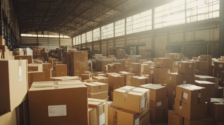 Wide shot of a large warehouse area cluttered with various parcel boxes, illustrating the growth of e-commerceの素材