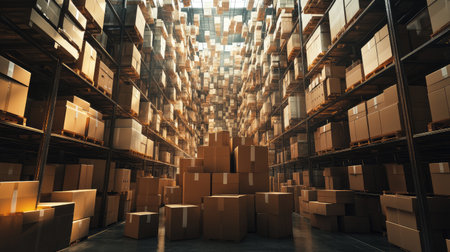 Vast warehouse interior filled with numerous parcel boxes stacked high, symbolizing the essence of online shoppingの素材