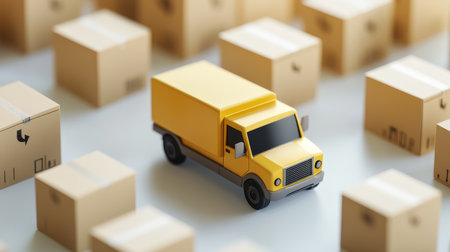 Mini delivery truck and several cardboard boxes grouped together on a white surface, illustrating product distributionの素材