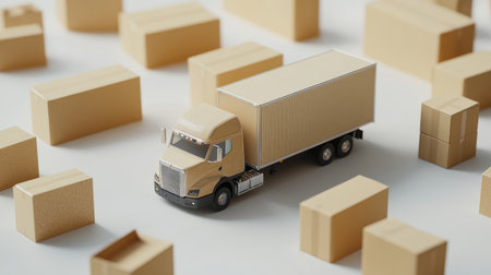 Model of a delivery truck alongside various cardboard boxes, isolated on white, representing efficient supply chain logisticsの素材
