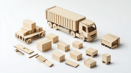 Model of a delivery truck alongside various cardboard boxes, isolated on white, representing efficient supply chain logisticsの素材