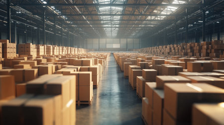 Wide view of a warehouse area filled with various sizes of parcel boxes, representing the demand of online retailの素材