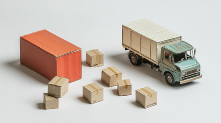 Model of a delivery truck beside small cardboard boxes, arranged on a bright white background, emphasizing goods deliveryの素材