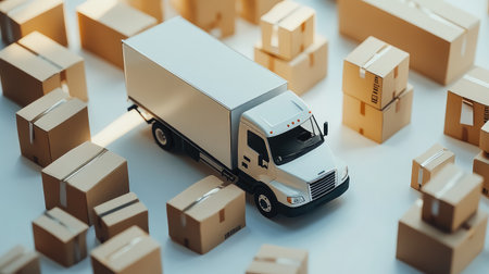 Small-scale delivery truck parked near scattered cardboard boxes on a white backdrop, illustrating supply chain conceptsの素材