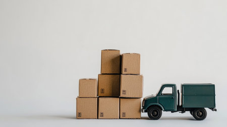 Tiny delivery truck alongside a stack of cardboard boxes, set against a pure white background, illustrating goods logisticsの素材