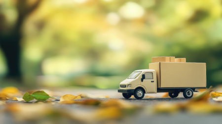Tiny truck model with assorted cardboard boxes on a blurred background, symbolizing the efficiency of transportationの素材
