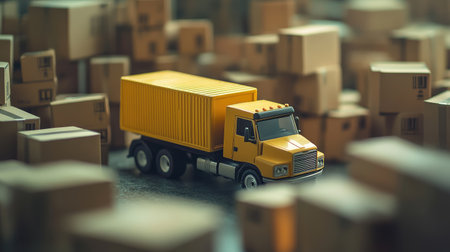 Model truck positioned next to cardboard boxes of varying sizes, blurred background emphasizing the theme of distributionの素材