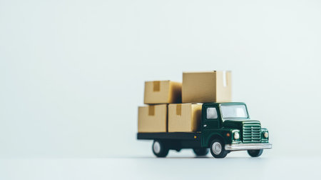 Tiny delivery truck with cardboard boxes arranged in front, set against a white background, symbolizing shipping processesの素材