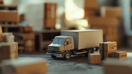 Small-scale truck model beside a pile of boxes with a blurred backdrop, emphasizing themes of efficient distributionの素材