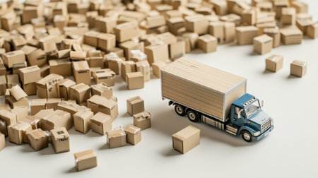 Tiny truck model with cardboard boxes spread around on a plain white background, emphasizing the transport of goodsの素材
