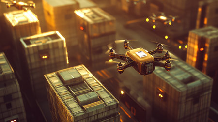 Aerial perspective of drones delivering items within a warehouse, representing the evolution of delivery logistics technologyの素材