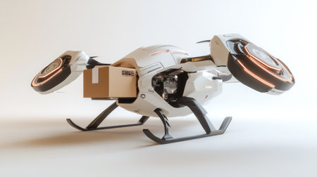 A high-tech delivery drone holding a brown package, set on a clean white backdrop, showcasing futuristic delivery systemsの素材
