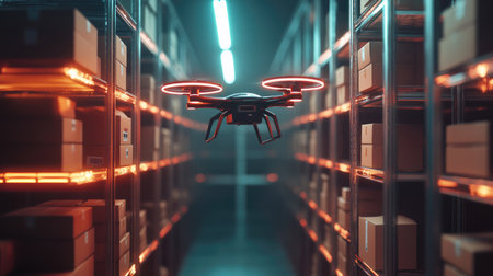 Drones hovering near parcel shelves in a warehouse, illustrating the advancements in delivery technology and roboticsの素材