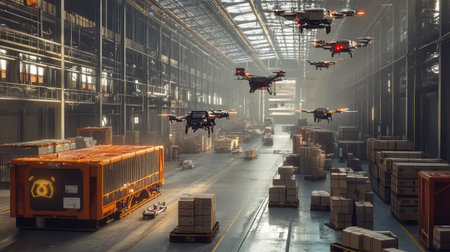 A warehouse scene with drones delivering packages to various locations, illustrating the capabilities of robotic logisticsの素材