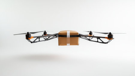 Autonomous delivery drone in flight, brown package secured underneath, white background emphasizing efficient roboticsの素材