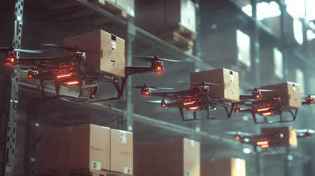 Drones actively transporting packages in an organized warehouse, showcasing the integration of robotics in supply chain managementの素材