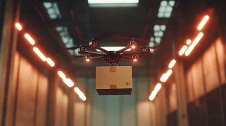 Drone carrying a brown box, maneuvering effortlessly inside a warehouse, symbolizing the efficiency of modern delivery techの素材
