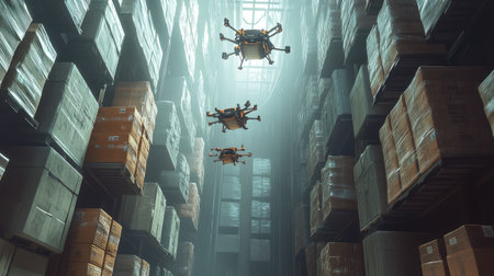 Delivery drones flying overhead in a large warehouse filled with parcels, highlighting advancements in automated delivery systemsの素材