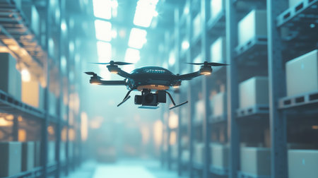 Close-up of a delivery drone preparing to drop a package inside a warehouse, showcasing the innovation of autonomous systemsの素材