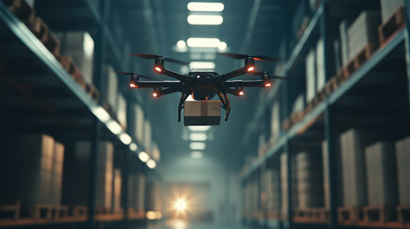 Close-up of a delivery drone preparing to drop a package inside a warehouse, showcasing the innovation of autonomous systemsの素材
