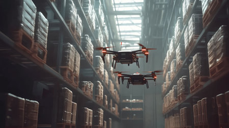 Delivery drones flying through an organized warehouse, demonstrating the integration of robotics in supply chain operationsの素材