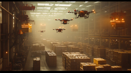 Delivery drones flying overhead in a large warehouse filled with parcels, highlighting advancements in automated delivery systemsの素材